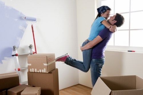 Packed boxes and furniture prepared for Brompton removal van transport