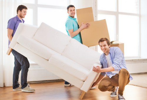 Professional moving team loading boxes into a Brompton van